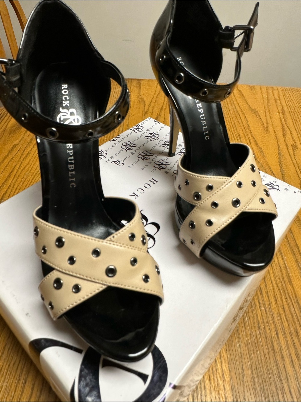 Rock & Republic Black and Beige Studded Ankle-Strap Stilettos